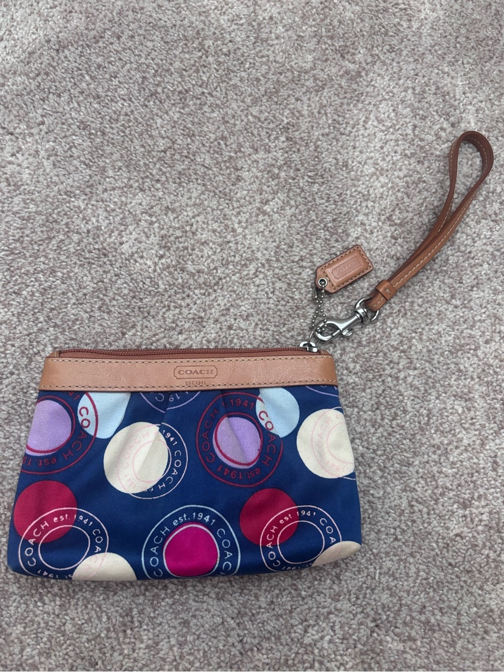 Coach Navy Multicolor Circle Print Wristlet with Tan Leather Trim